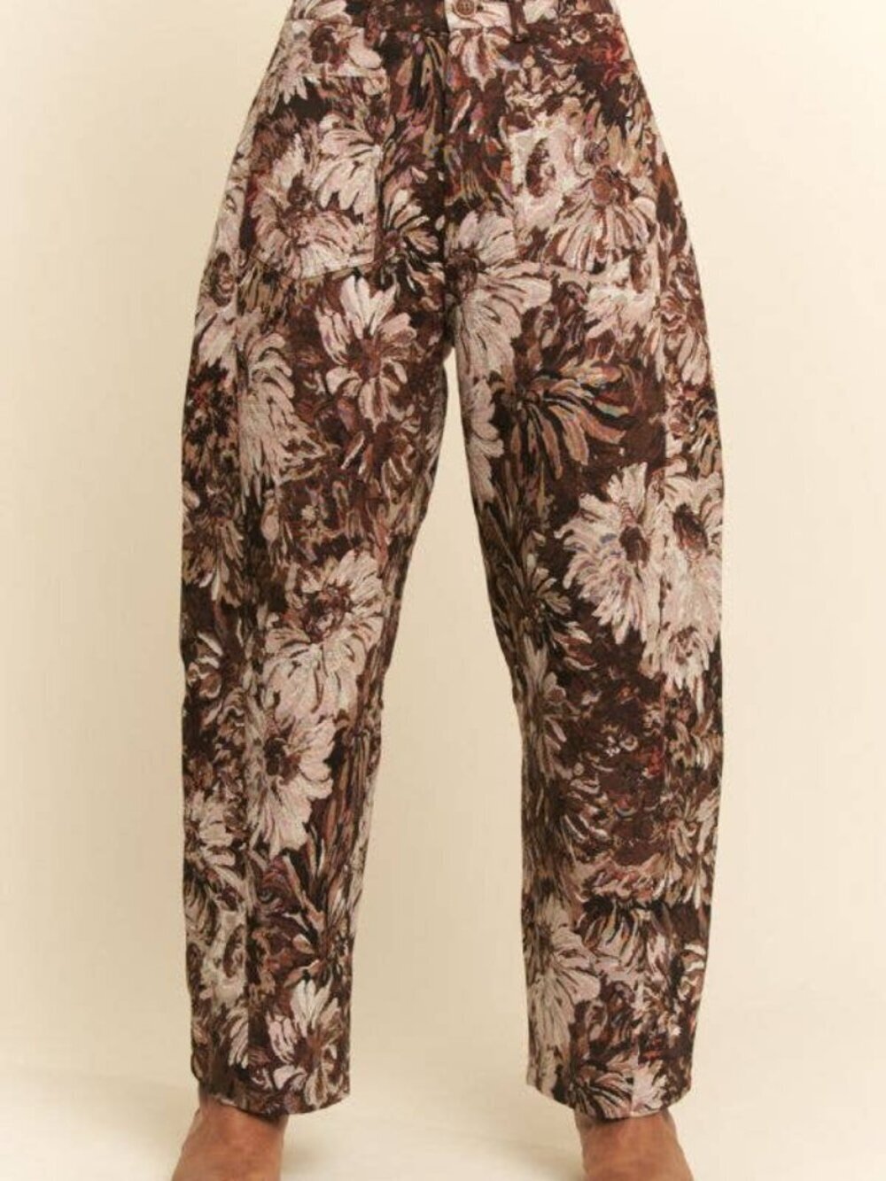 NWT DAVI & DANI Brown & Cream Printed Tapestry Floral Barrel Leg Pants